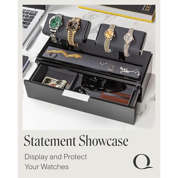 Watch Display Case Men Acrylic 2 4 Slot Stand with Jewelry Tray and Drawer - Picture 2 of 6